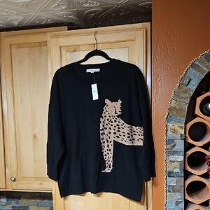 LOFT Black Tan Leopard Animal Print Knit 3/4 Sleeve Sweater NWT